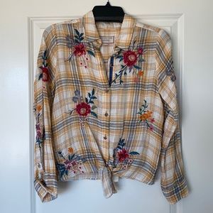 Johnny Was tie up mid flannel with flower embroidery